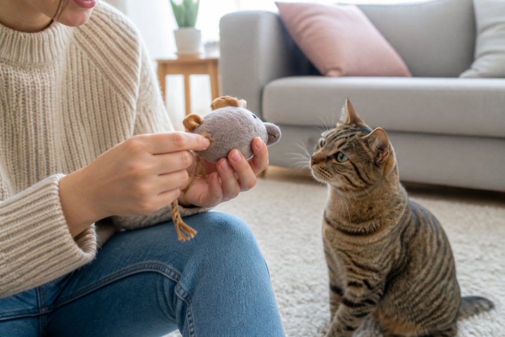 A person's hands inspecting a cat toy, checking the seams and looking for loose parts, with a curious tabby cat watching nearby in a bright living room