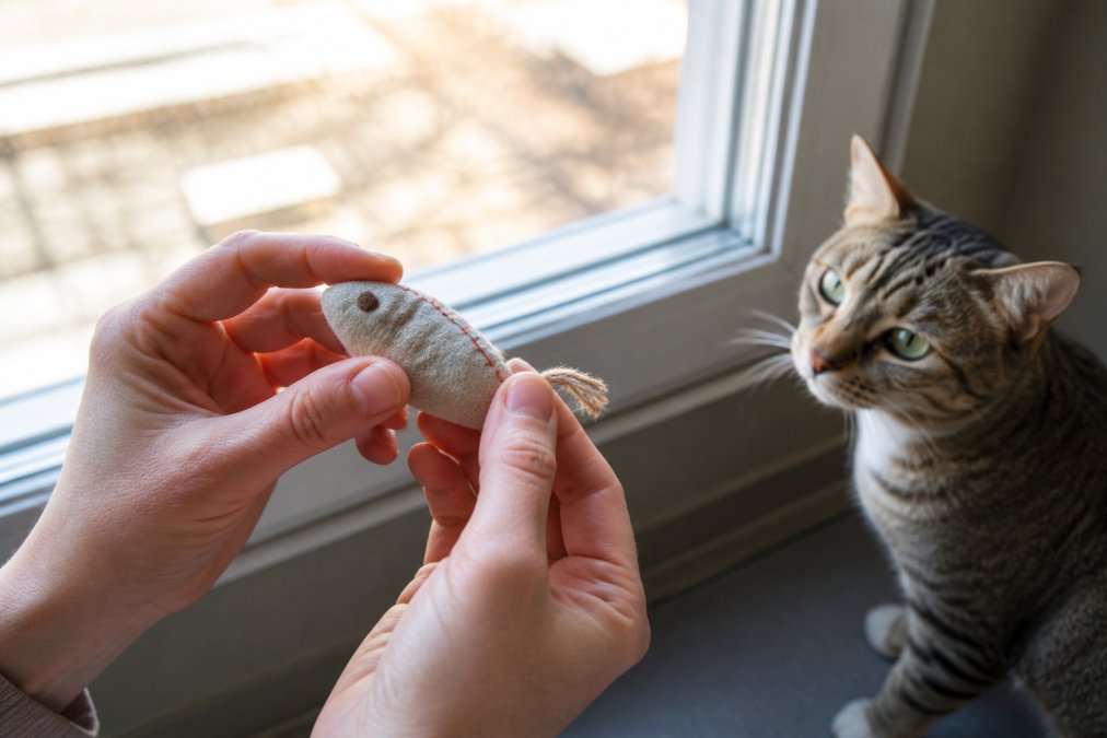 Hands inspecting the seams of a toy in natural light to ensure they are safe toys for cats as a pet watches.