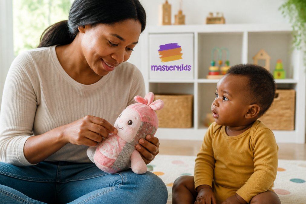 Parent's hands carefully examining a soft toy, checking seams and inspecting materials while an infant sits nearby in bright natural light