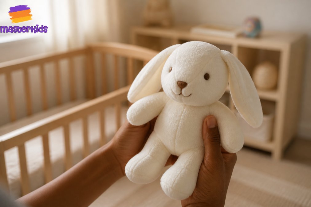 Natural organic cotton plush toy being held gently, showing texture and quality, with a nursery background and soft afternoon light