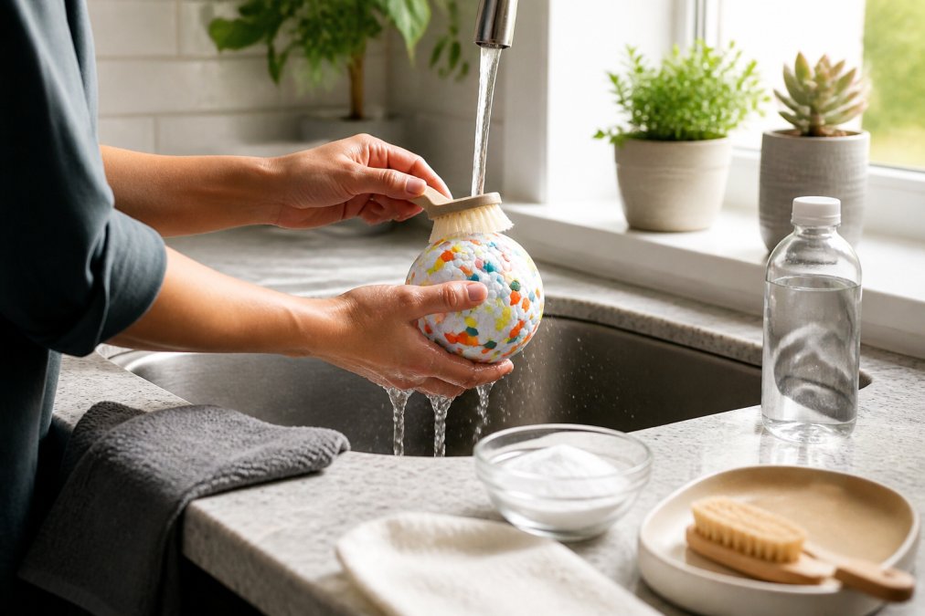 Pet owner washing a rubber chew toy under running water in a kitchen sink with a soft brush, demonstrating proper cleaning technique with natural window lighting