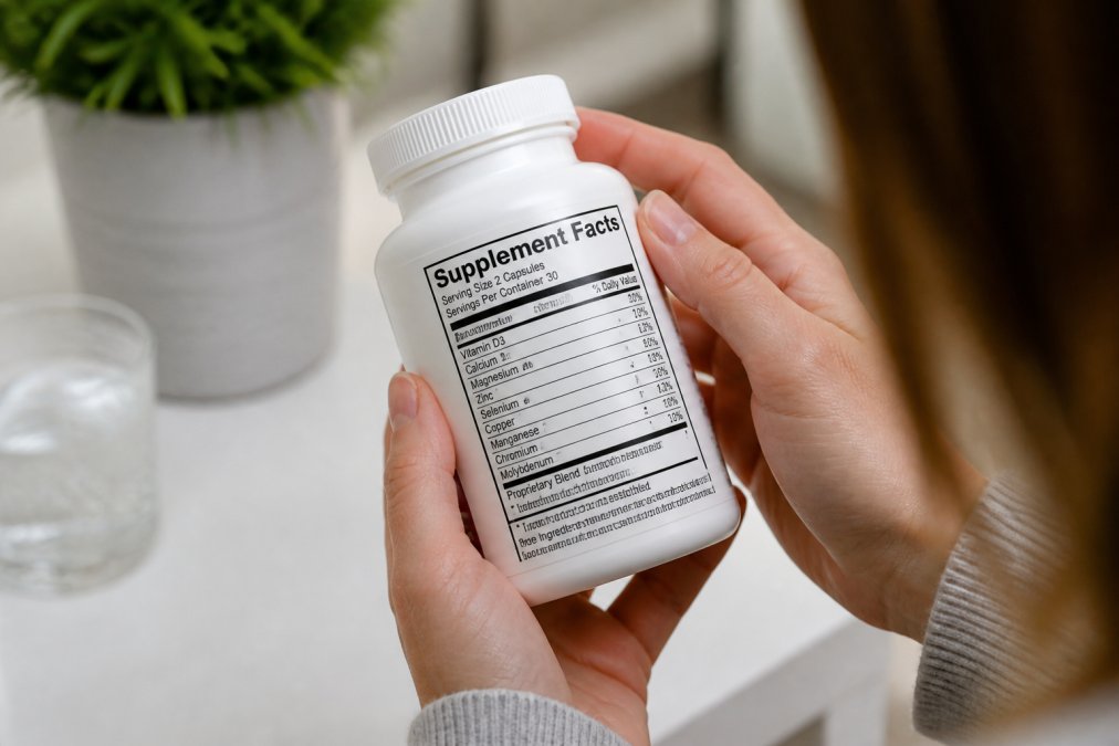 Close-up of hands holding a supplement bottle with the Supplement Facts label clearly visible under bright natural lighting, showing ingredient list and dosage information