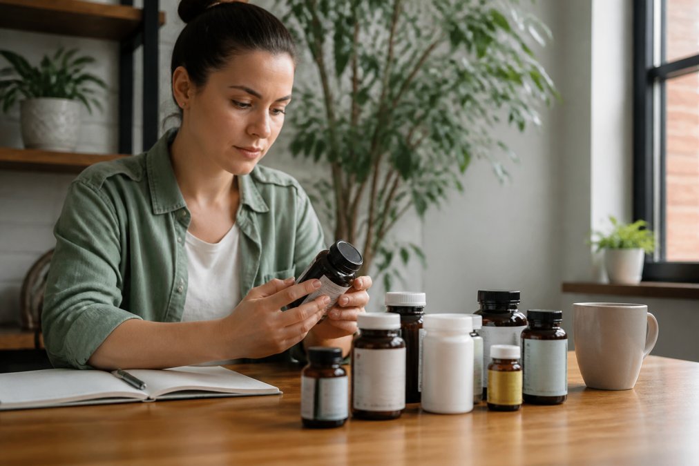 Person at home reviewing supplement products and reading detailed information on a laptop, with several supplement bottles arranged on a desk next to a notepad