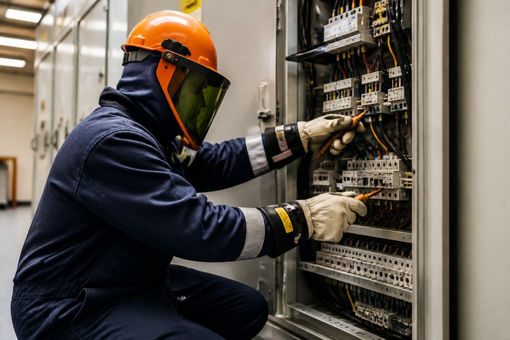 Electrician wearing flame-resistant protective clothing and safety equipment while working on an electrical panel in an industrial setting with bright overhead lighting
