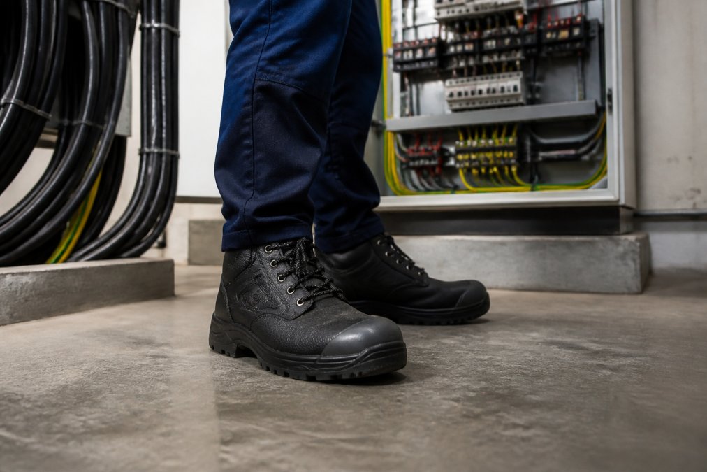 Electrician on industrial work site wearing protective safety boots with reinforced steel toe protection, standing on concrete work floor with electrical equipment visible in background