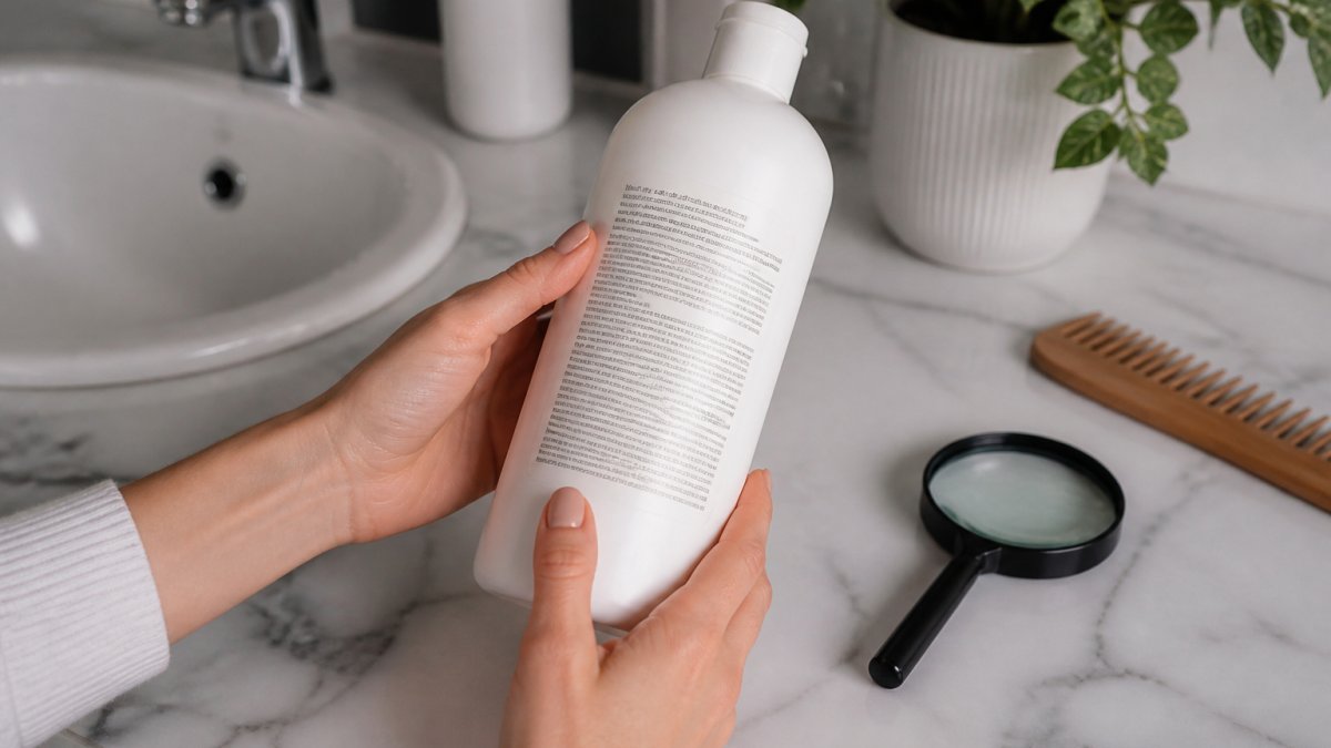 Close-up of hands holding a white salon shampoo bottle in a bright bathroom, with the ingredient label facing the camera and a magnifying glass resting nearby on a marble counter