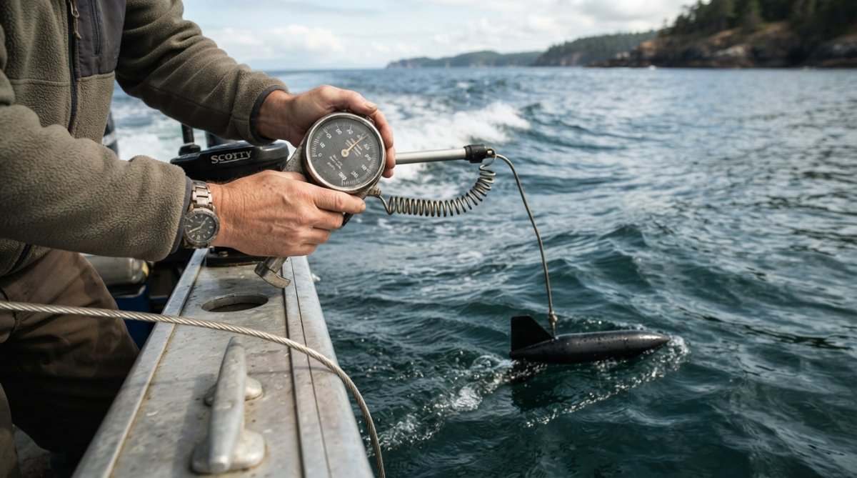Close-up of three different downrigger weight shapes, cannonball, pancake, and fish-shaped weights, arranged on a weathered wooden dock with water and fishing boats visible in the background