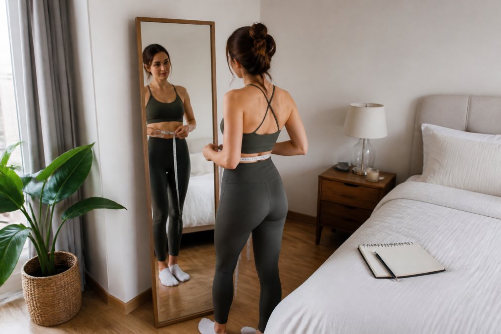 A woman in gym leggings standing in a bright bedroom, holding a soft measuring tape around her waist while looking in a full-length mirror, with a notepad on the bed nearby