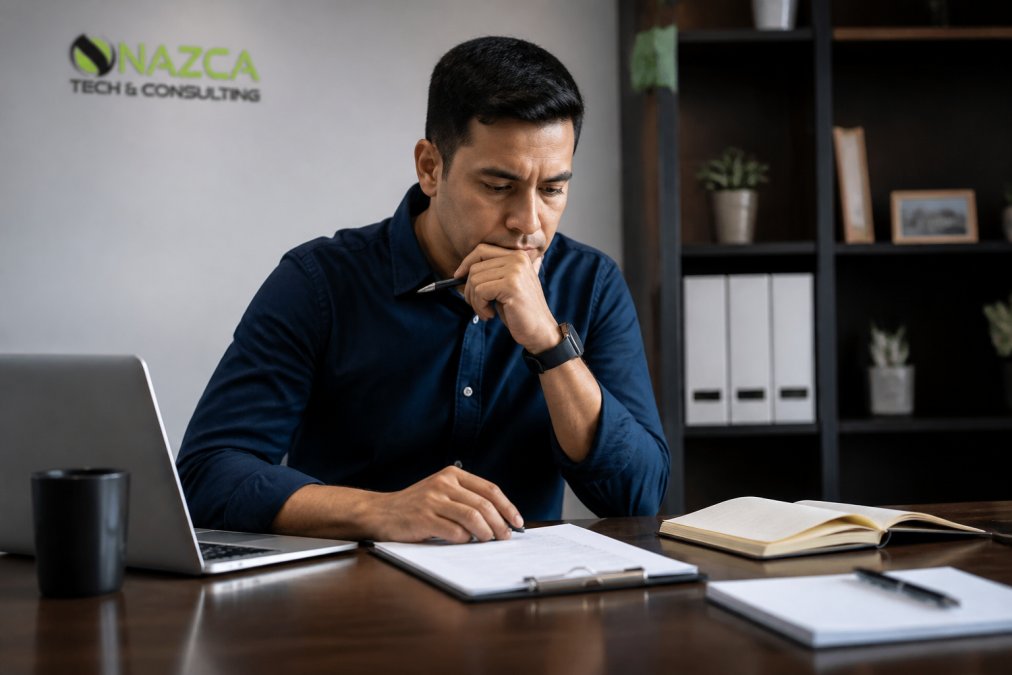 Business owner reviewing security settings on computer monitor in professional office with documents and notebook nearby