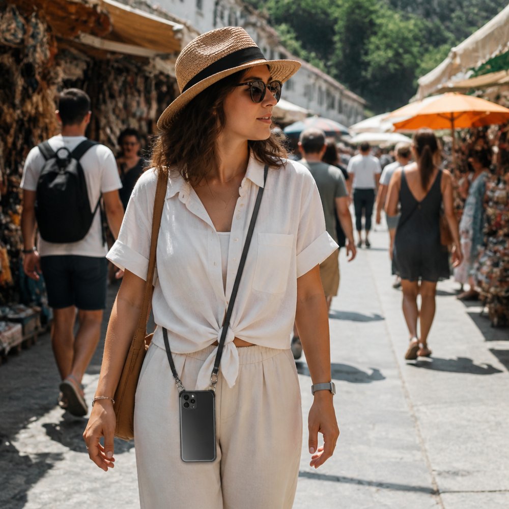 Close-up of a traveler wearing a crossbody phone lanyard while walking through a busy outdoor market, phone secured at hip level