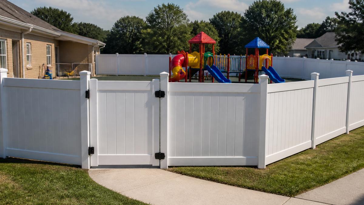 A newly installed white vinyl privacy fence surrounding a bright daycare playground with colorful play equipment visible behind the fence and a closed gate in the foreground, afternoon sunlight