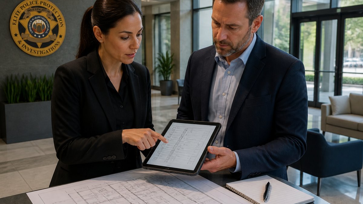 A security consultant and property manager reviewing a building floor plan and checklist on a tablet inside a modern office lobby