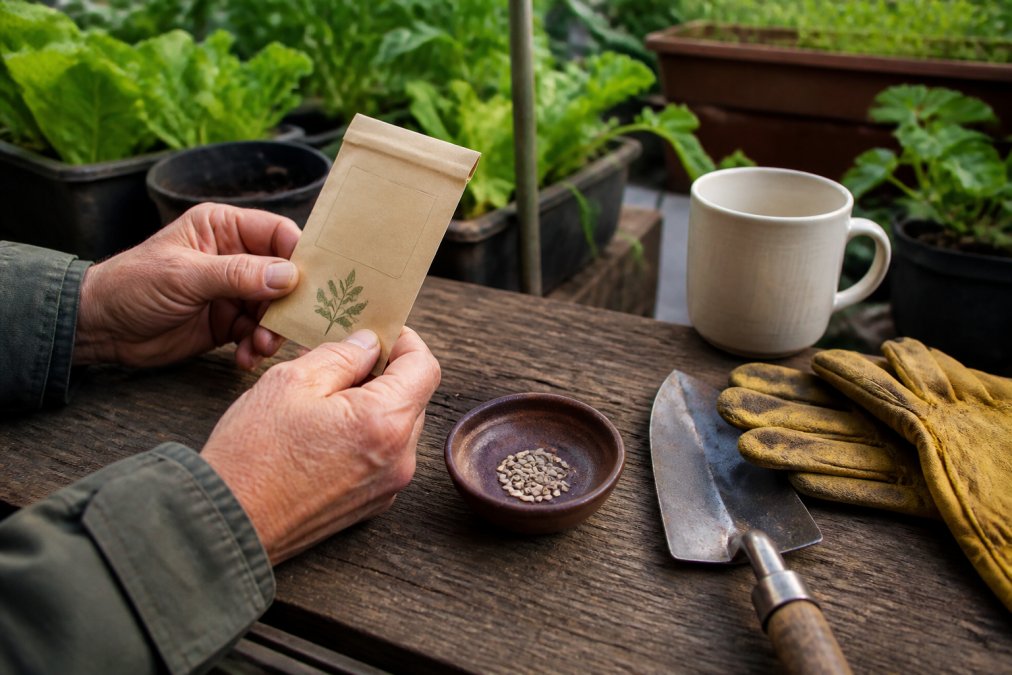 Close-up of weathered hands holding a seed packet next to a small bowl of tomato seeds on a rustic wooden table, with gardening gloves and a trowel nearby in soft natural light