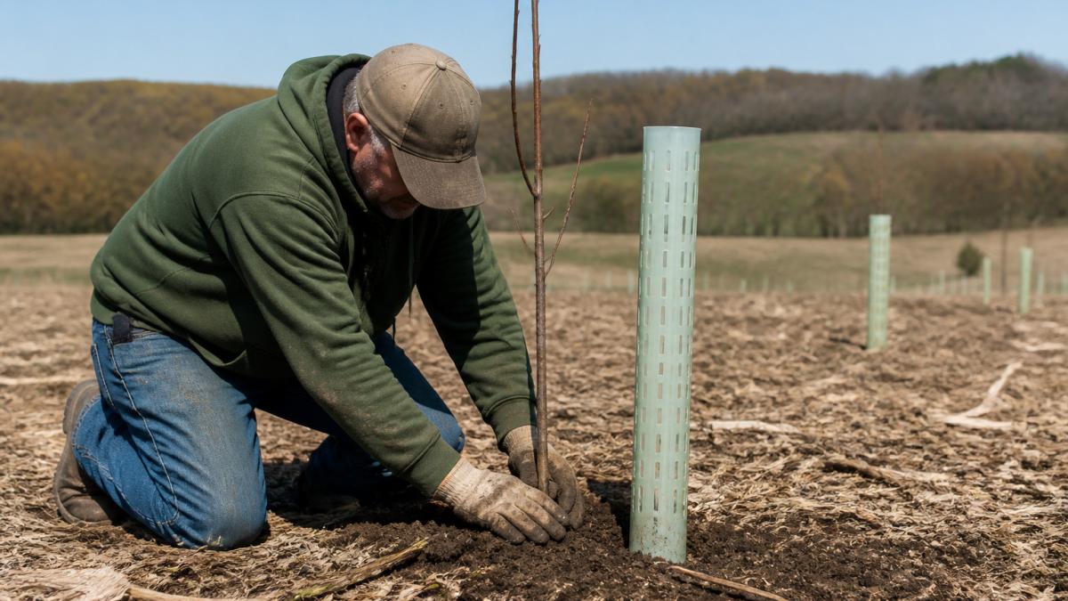 Landowner in work gloves planting a young fruit tree with a protective tube in a rural field plot