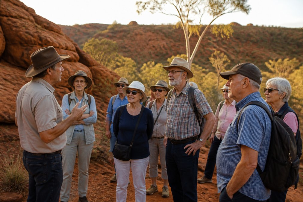 Small group of mature travellers gathered around a knowledgeable guide in a remote red earth outback setting, smiling and engaged in conversation, with sparse vegetation and golden afternoon light