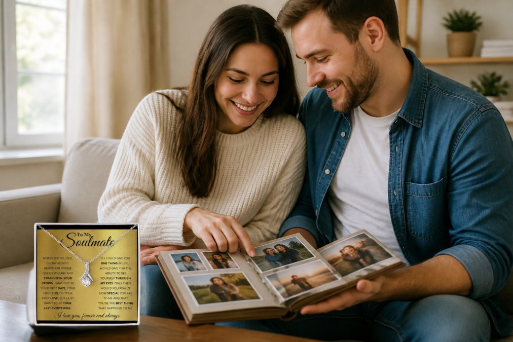 Couple smiling warmly while looking at a personalized photo album together, sitting on a couch with soft natural lighting streaming through a window
