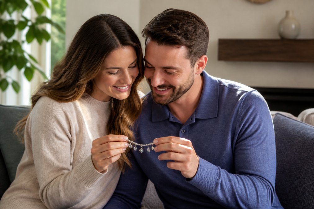 Couple sitting together on a couch examining a personalized charm bracelet, smiling warmly as they look at the custom charms and details, natural home lighting