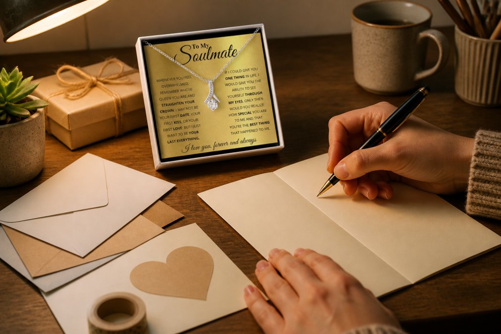 Close-up of a hand holding a pen, writing heartfelt words on a cream-colored anniversary card with soft warm lighting from a desk lamp