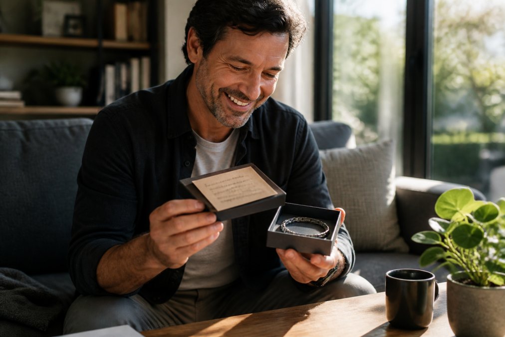 A man in his 40s smiling as he opens a small gift box on a sunlit coffee table, revealing a stainless steel bracelet with a handwritten note card resting on the lid
