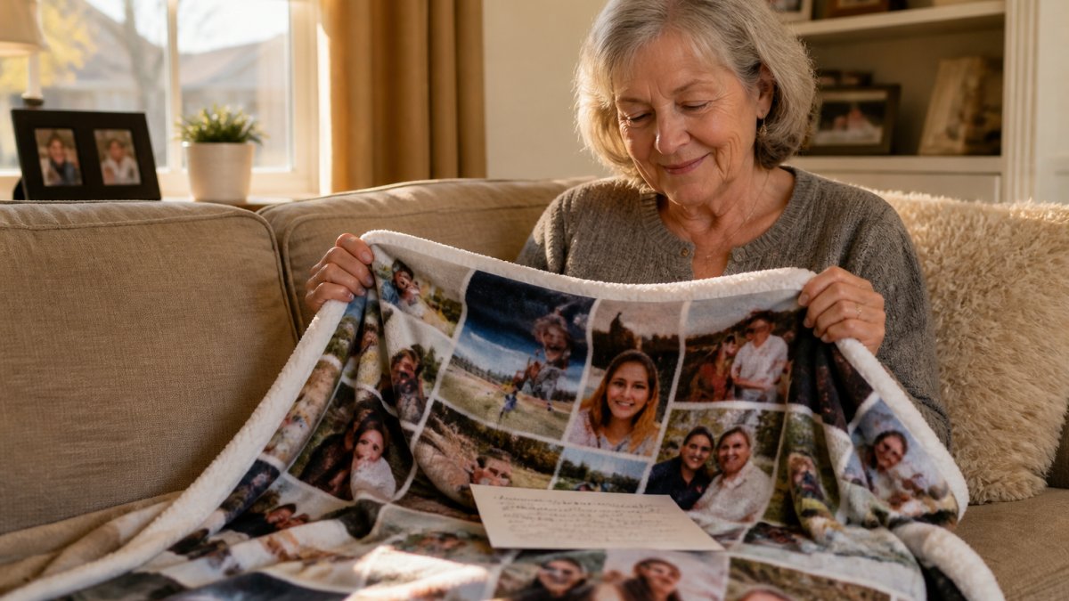 A woman in her sixties sitting on a couch holding a personalized fleece blanket and smiling softly, a handwritten note resting on her lap, warm afternoon light in a cozy living room