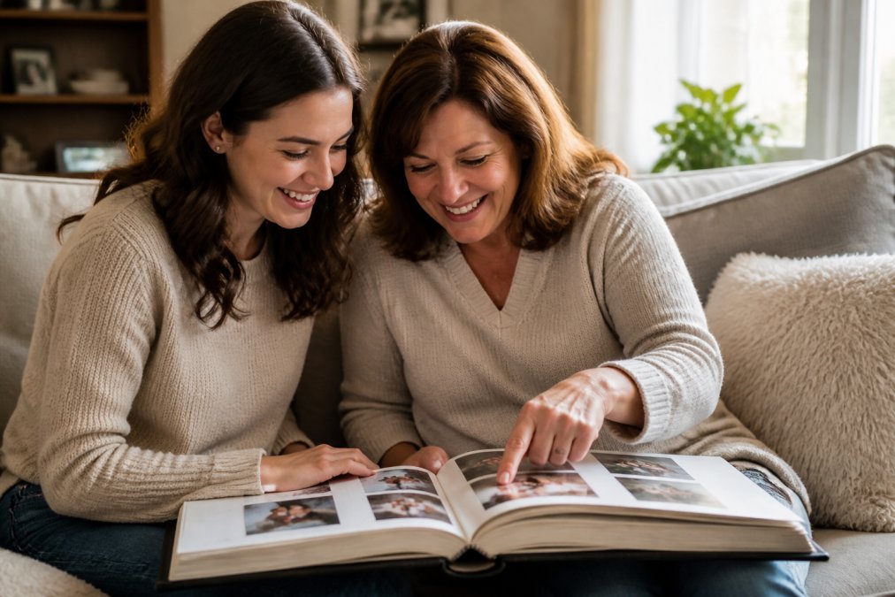 A daughter and her mother laughing together while looking through a photo album on a couch in a warm, sunlit living room, the mother pointing at a picture while the daughter smiles