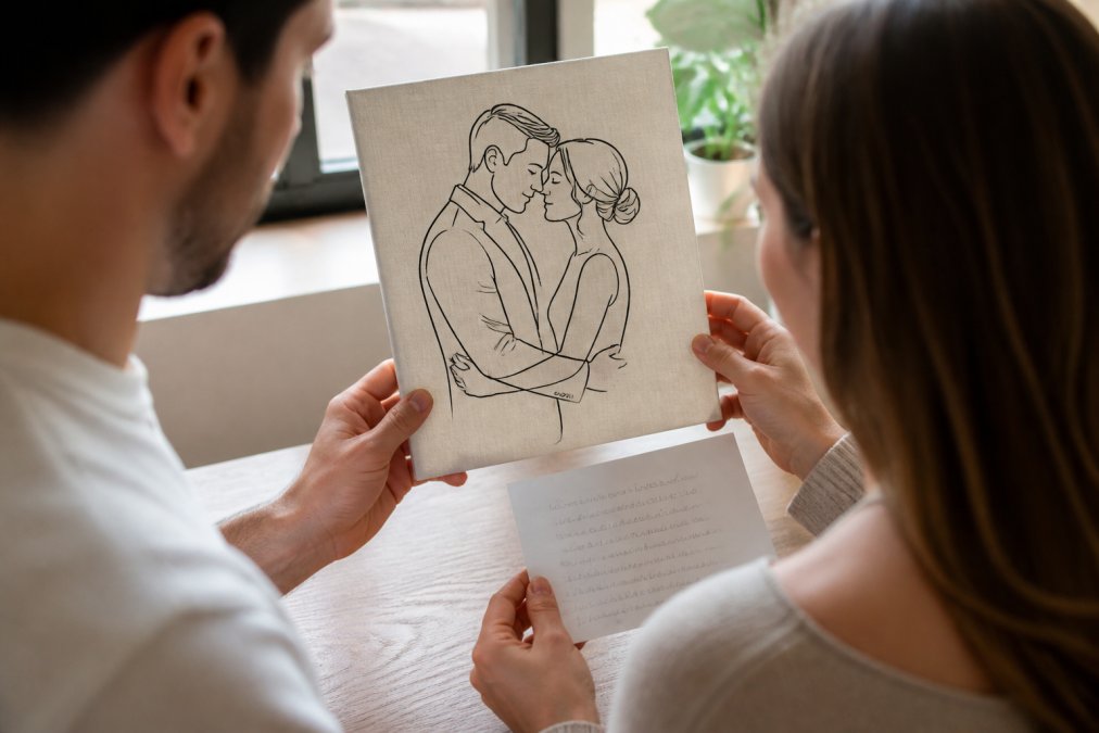 Close-up of a couple's hands holding a custom piece of artwork and a handwritten note on a table near a window with soft natural light