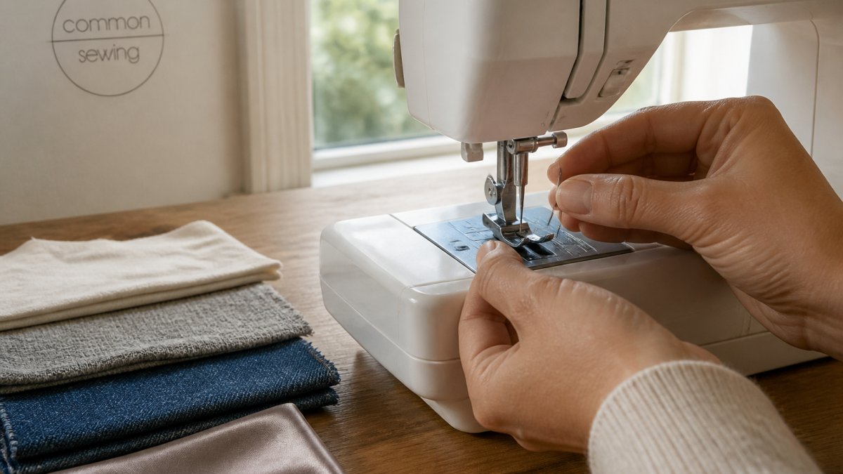 Close-up of hands inserting a sewing machine needle into a machine with fabric swatches of different textures (cotton, knit, denim, silk) arranged nearby on a wooden sewing table with natural window lighting