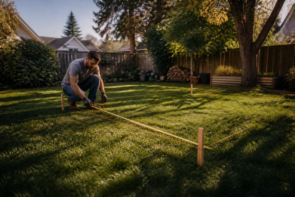 A homeowner standing in a backyard with a measuring tape, marking out a rectangular area on the grass with wooden stakes and string, showing the footprint of a planned shed