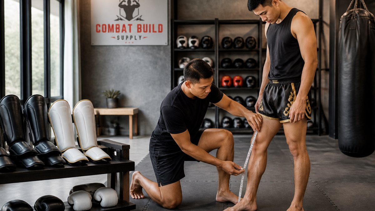 Professional demonstrating how to choose shin guards for muay thai technique in modern clinical setting with natural lighting