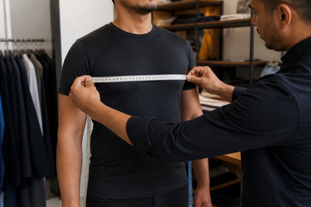 Person standing straight wearing a fitted t-shirt while another person uses a soft measuring tape across their chest at the fullest part, demonstrating proper chest measurement technique with natural lighting