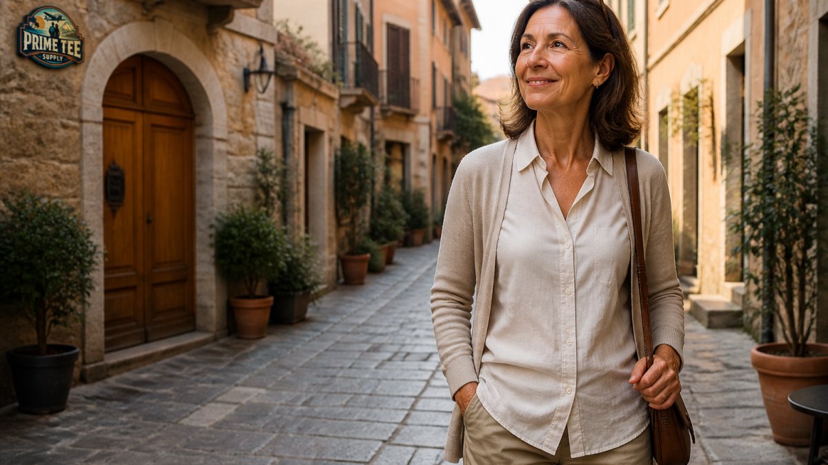 Woman in neutral-colored cotton shirt standing in a European village square, wearing layered pieces with a light cardigan, natural morning light filtering through narrow streets