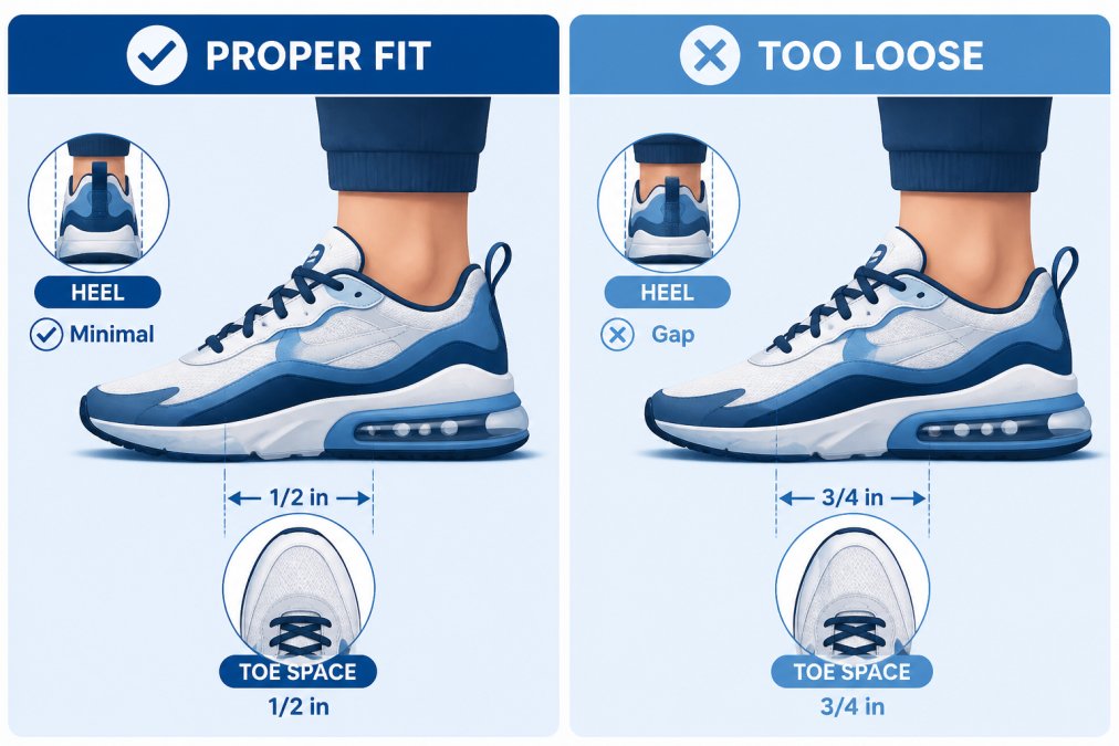 Side-by-side view of two sneakers on a person's feet showing proper heel fit with minimal slippage and adequate toe box space on left, loose fit with visible heel gap on right