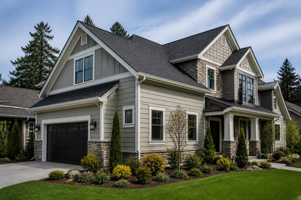 A residential home exterior showing warm gray siding coordinated with charcoal roof shingles, white trim, and natural stone accents creating visual balance and cohesive design