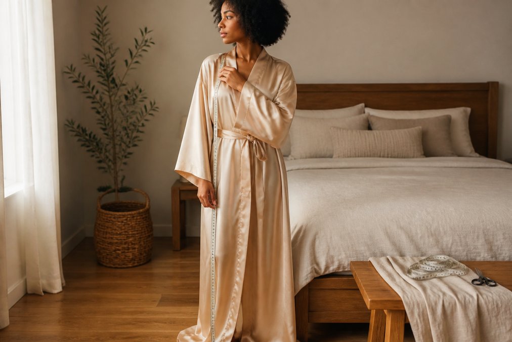 An elegant Black woman in a flowing champagne silk robe standing in a sunlit bedroom, gently holding a soft measuring tape against her shoulder while the robe's drape and floor-length hem are clearly visible