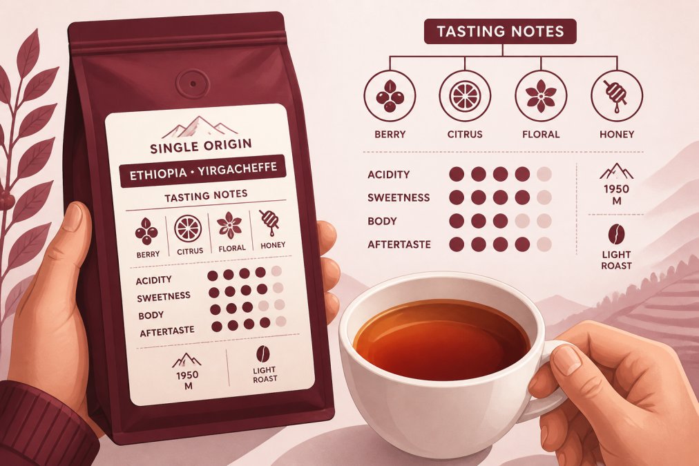 Close-up of hands holding a single origin coffee bag with visible tasting notes label, held beside a white ceramic cup showing brewed coffee's rich amber color and clarity