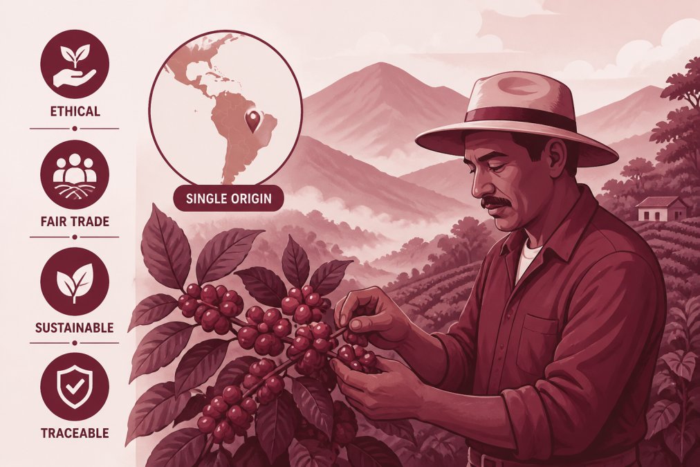 Coffee farmer in a highland mountain farm examining ripe coffee cherries on the plant, with misty mountains visible in the background, showing the origin landscape of single origin beans