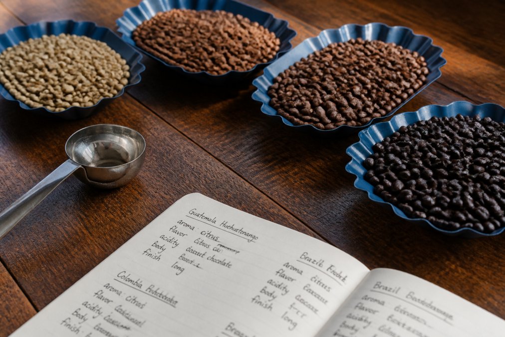 Close-up of coffee beans from different origins arranged by region on a wooden table, showing distinct color variations from light tan to deep brown, with a cupping spoon and handwritten tasting notes visible beside them, natural window lighting
