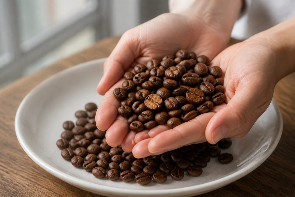 Hands holding a handful of freshly roasted single-origin coffee beans over a white ceramic plate, showing consistent bean size and color, with one bean split in half to reveal the interior, photographed under bright natural light from a window
