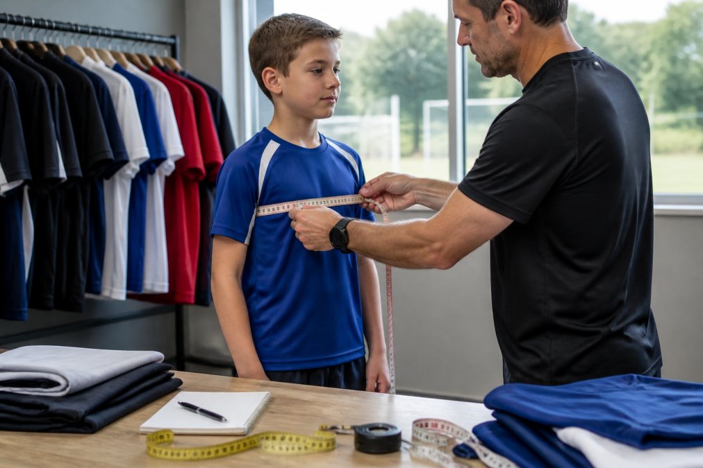 Coach measuring a young athlete's chest circumference with a fabric measurement tape, positioning it snugly around the athlete's torso while the child stands relaxed with arms at sides in natural daylight