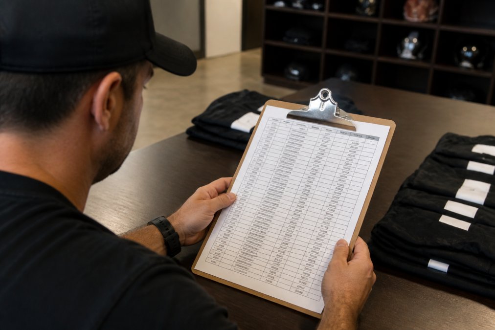 Team organizer or coach reviewing a printed spreadsheet with athlete names, measurements, and size assignments on a clipboard, sitting at a table with the roster visible