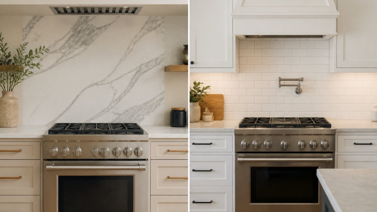 A bright kitchen with a full-height marble-look slab backsplash behind a range, showing continuous veining and a clean countertop-to-wall transition