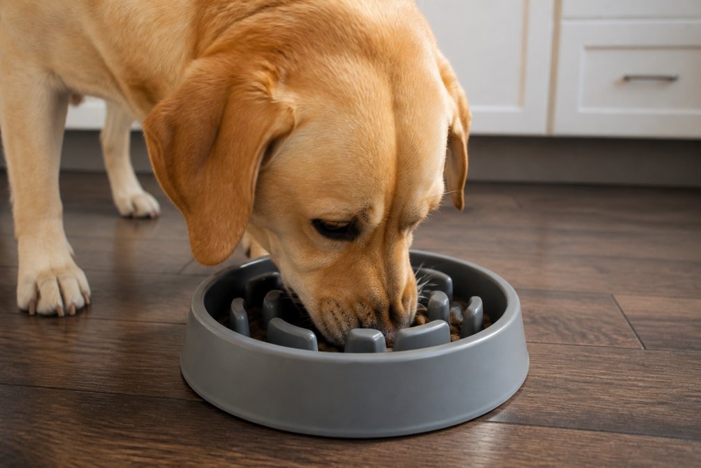 Close-up of a dog eating from a maze-pattern slow feeder bowl, showing the raised ridges as the dog's snout navigates the grooves, with focused eating posture and natural kitchen lighting
