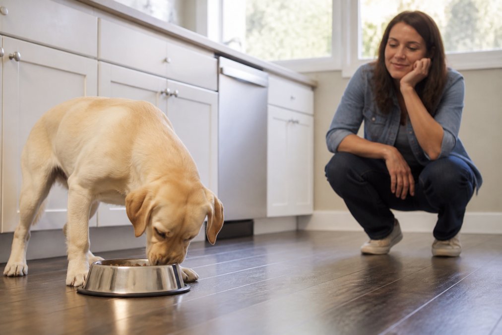 Dog owner observing their dog during mealtime from nearby, watching the dog's eating speed and behavior as the dog eats from a standard bowl in a home kitchen setting with natural window lighting