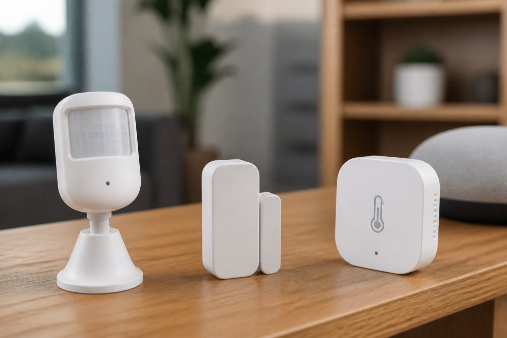 Close-up of various smart home sensors including motion detector, door/window contact sensor, and temperature sensor arranged on a wooden shelf with a smartphone displaying a home automation dashboard in the background