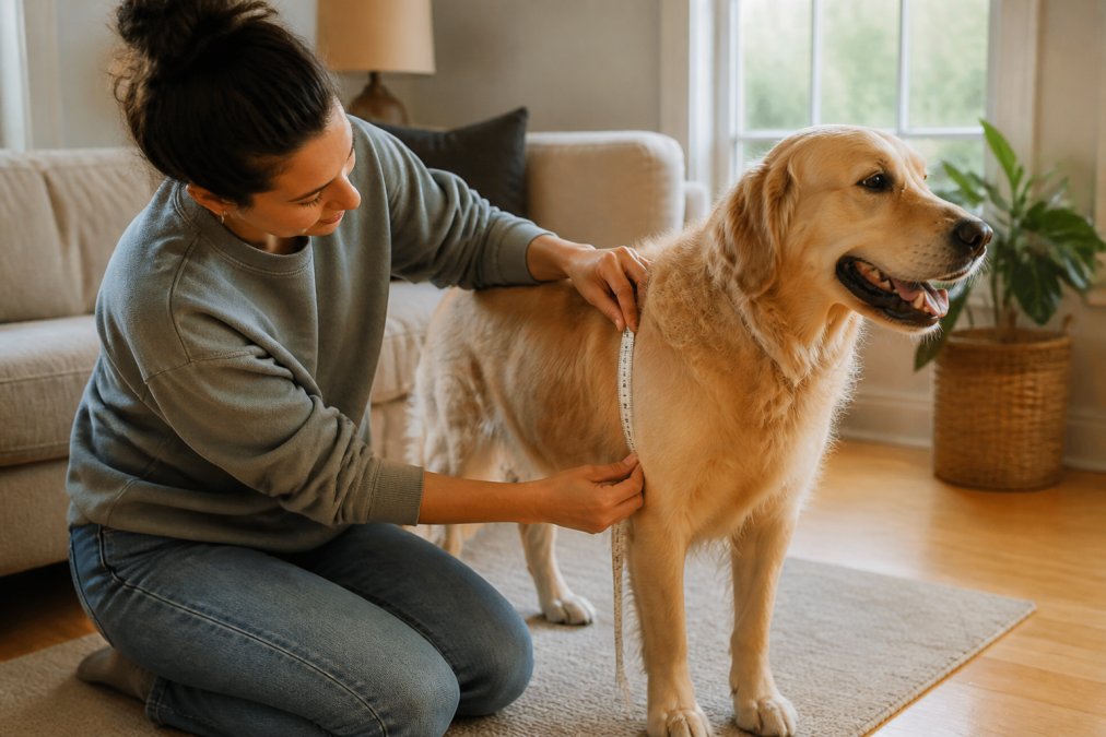 Woman measuring the chest of a calm golden retriever with a tape measure in a sunlit living room