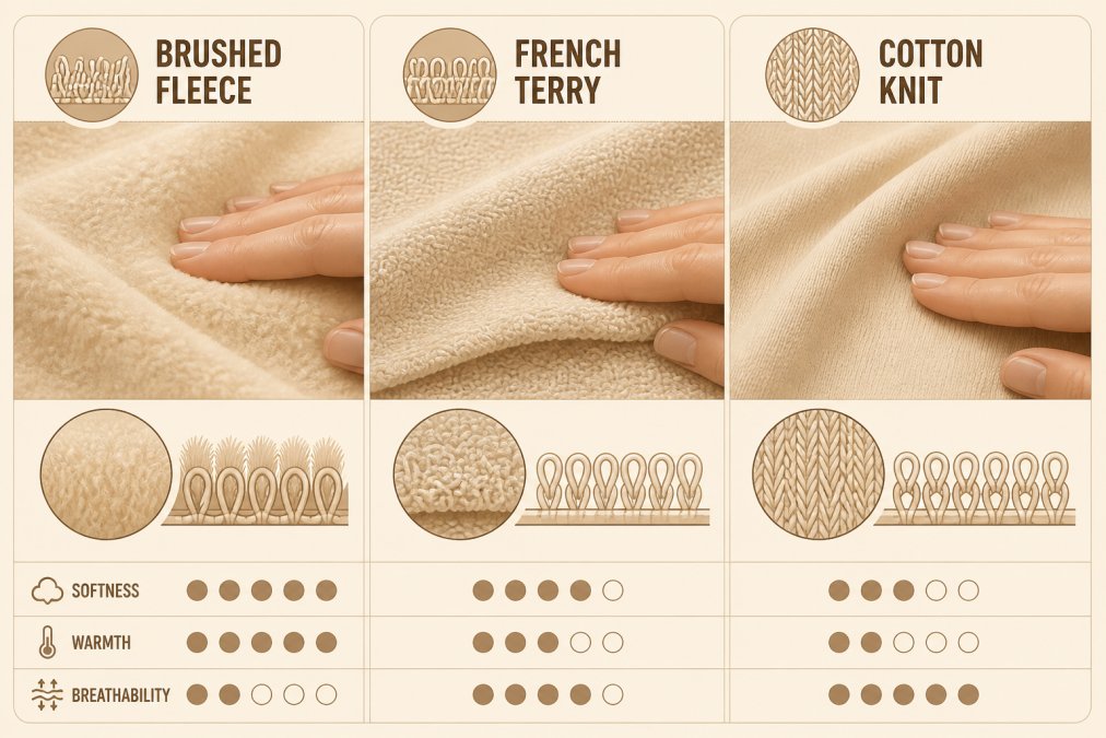 Diagram comparing French terry and fleece textures to show how to choose soft fabrics for graphic sweaters.