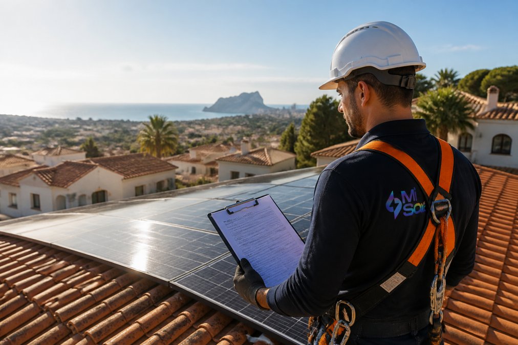 A solar installer in work clothes and safety harness inspecting a roof-mounted solar panel array on a Mediterranean villa, holding a clipboard with certification documents, bright morning sunlight, terracotta roof tiles visible