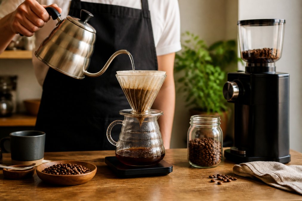A home barista pouring hot water from a gooseneck kettle into a glass pour-over coffee dripper, with a burr grinder and fresh coffee beans on a wooden counter nearby
