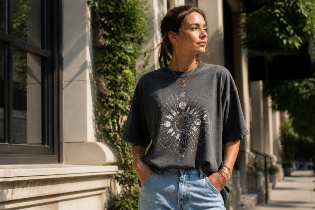 Young adult wearing a vintage oversized graphic tee and relaxed jeans in a sunlit urban setting
