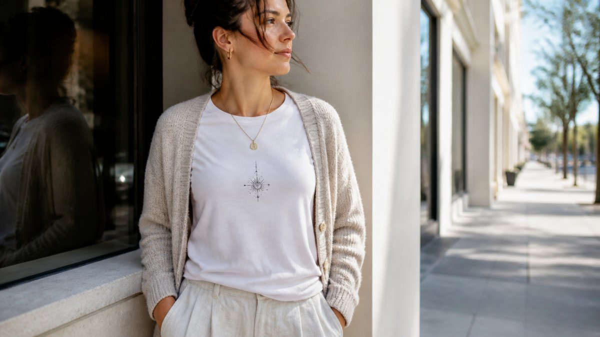 Person wearing a minimalist angel number t-shirt layered under a neutral cardigan in a modern urban setting